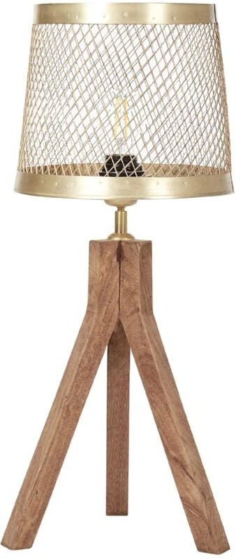 Tischlampe Messing und Dunkelbraun Mango-Holz mit Rundem Schirm Metall Trommelform Dreibein Kabel mit Schalter Gitter-De...