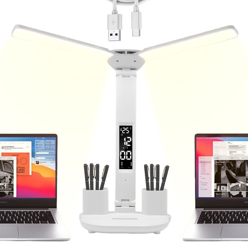 Vtizikl Lampe de Bureau Sans Fil à LED pour Enfant avec Heure Calendrier Température 2 Porte Stylo, Double Tête Desk Lam...