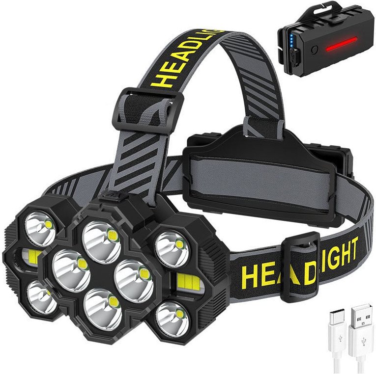 LED-Stirnlampe, 10.000 Lumen, wiederaufladbar, 10 LEDs, 10 Modi, IPX4, wasserdicht, 90° verstellbar, Freisprech-Stirnlam...