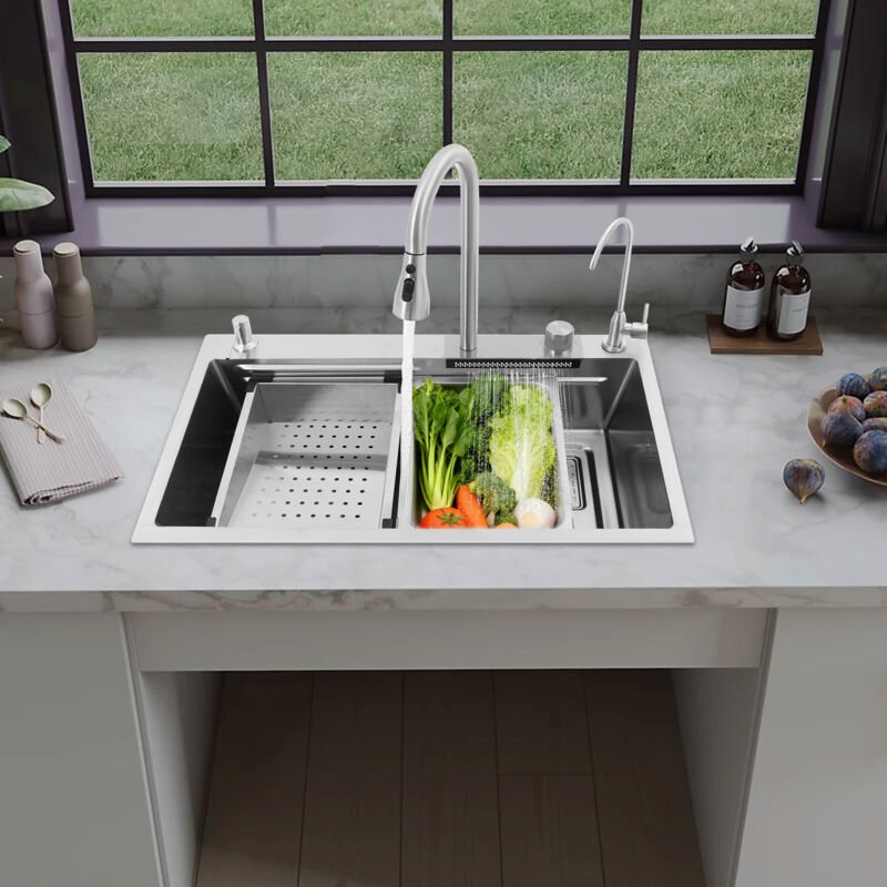 Edelstahlspüle Wasserfallspüle Küchenspüle Multifunktionalem Spüle Küche 75x46cm