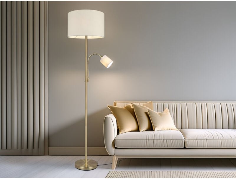 Stehleuchte HOTEL Messing mit Leselampe, Stoffschirm Creme, Höhe 170cm
