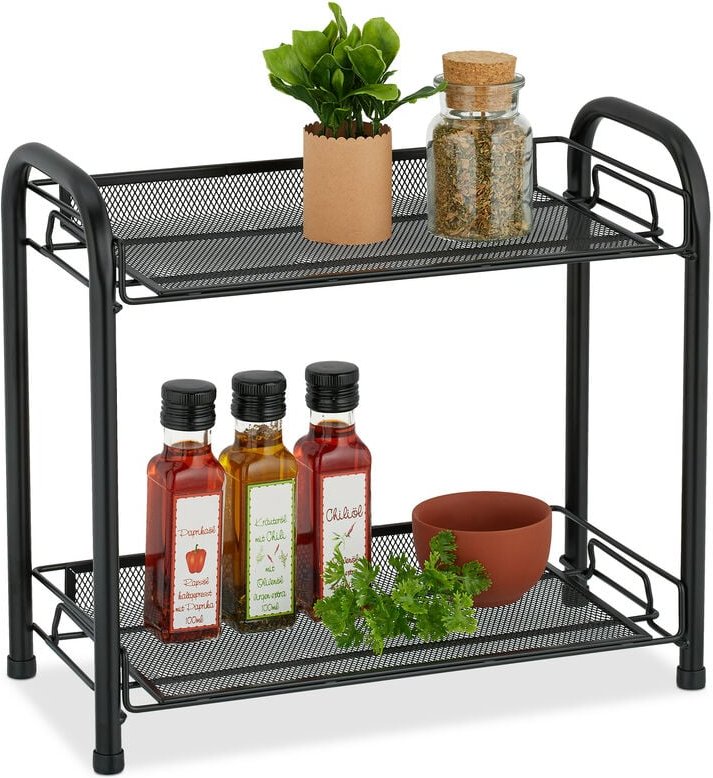 Relaxdays Gewürzregal, 2 Ebenen, Tischregal für Küche & Bad, Gewürze, Make-Up, Parfüm, Etagenregal aus Metall, schwarz
