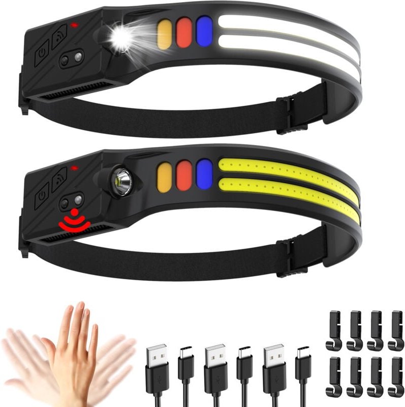 Ultrastarke LED-Stirnlampe, 2000 Lumen, 230°-Beleuchtung, USB-aufladbare Stirnlampe, Bewegungssensor, IPX5-wasserdicht, ...