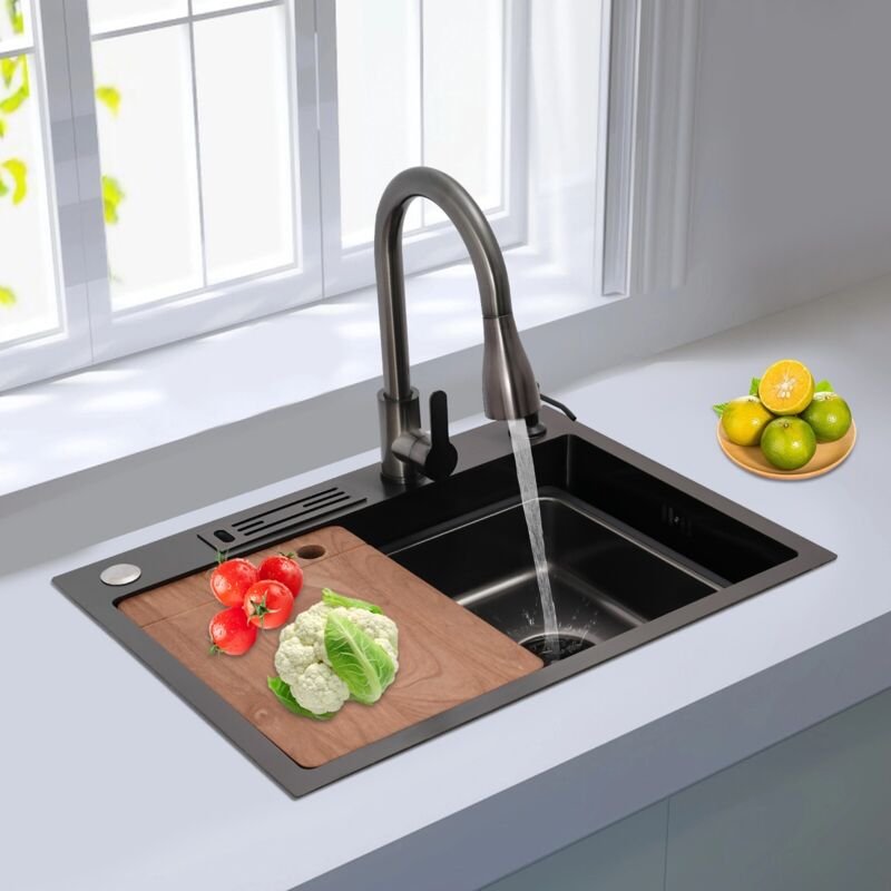 Nano coated kitchen sink black with faucet expandable by 60 x 45 cm, multifunctional kitchen sink with cutting board, kn...