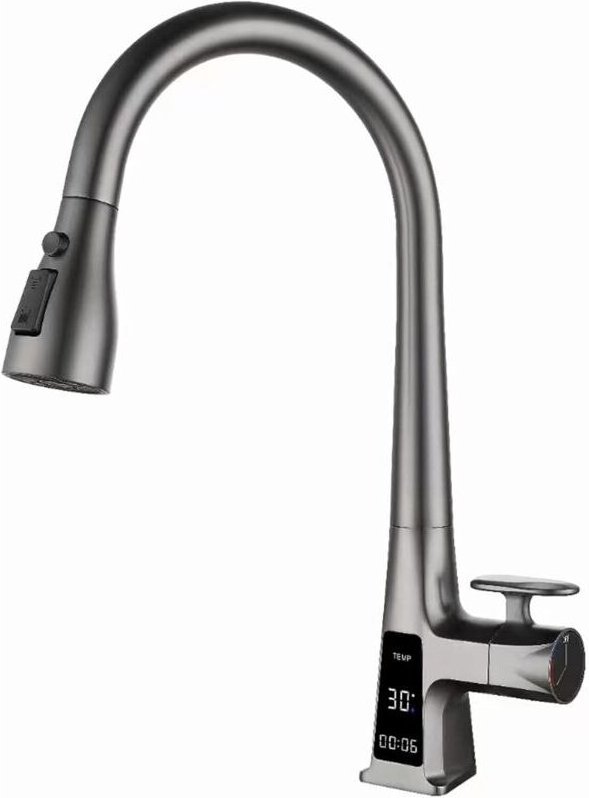 Küchenarmatur mit LED-Digitalanzeige, Messing-Spültischarmatur mit ausziehbarer Brause, Einhebel-Küchenarmatur mit 3 Str...