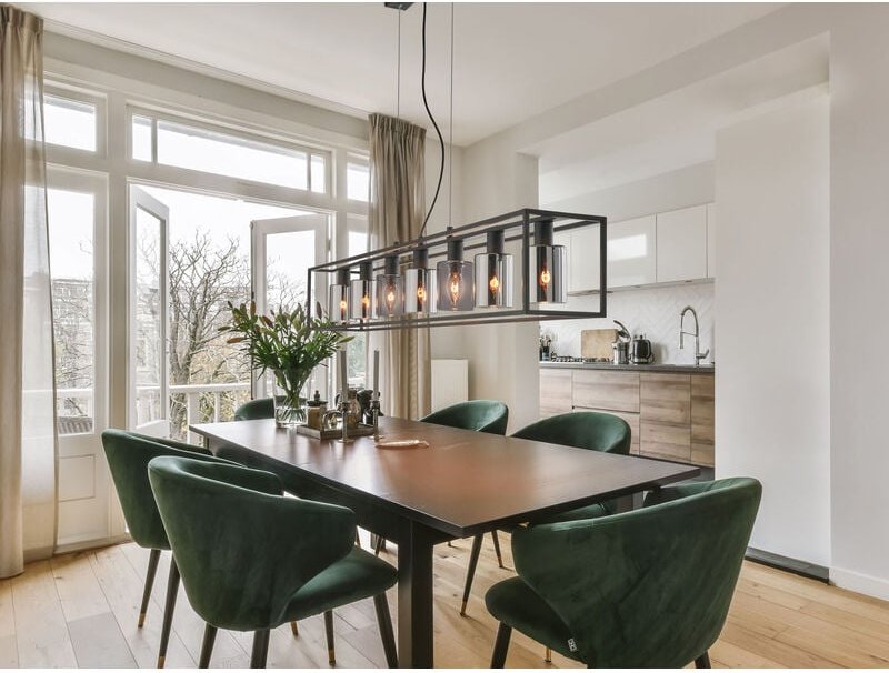 Pendelleuchte ISKA 7-flammig Schwarz lang mit Rauchglas, Breite 130cm