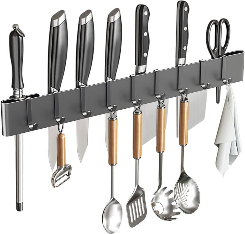 Messerblock aus Edelstahl zur Wandmontage mit Haken - Messerblock - Küchenutensilienhalter (grau, 50 cm + 9 Haken)