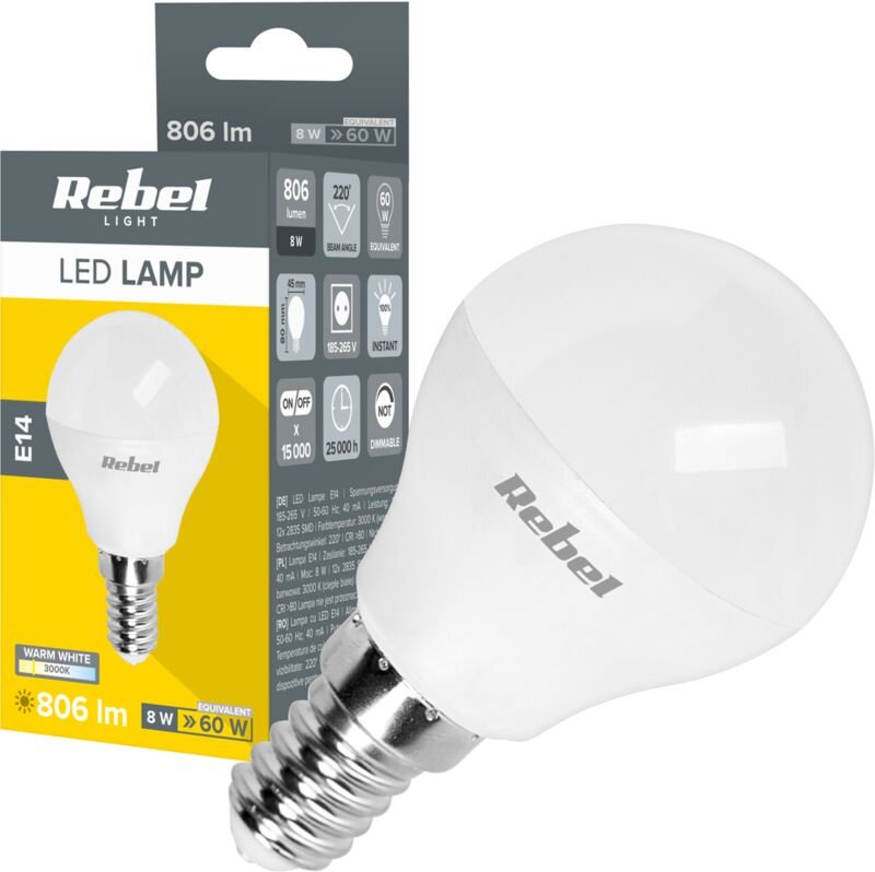 LED-Lampe G45 8W E14 3000K 230V Rebel