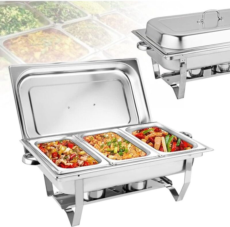 9 l Edelstahl 3 Grid Chafing Dish Speisenwärmer Warmhaltebehälter Warmhaltegerät mit Deckel und Kraftstoffbehälter, Buff...