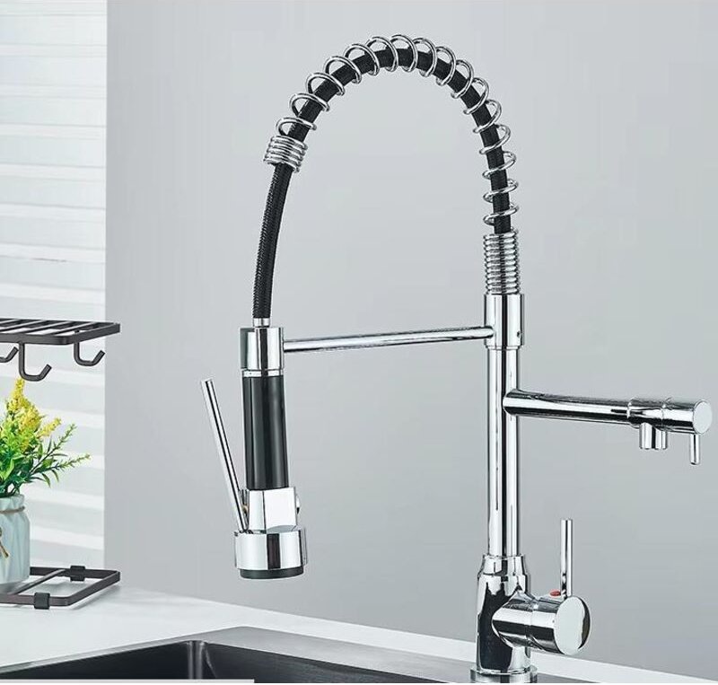 BOMCLAP 1 Federbelastete Küchenarmatur, 360° drehbar, zwei Ausläufe, ausziehbarer Brausekopf, ausziehbare Küchenspülenar...