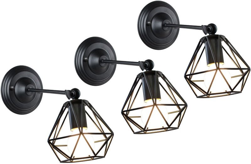 Wandleuchte, Wand Lampe, Im Industrial Stil, Diamant Käfig, E27 Fassung, 3 Stück (Schwarz)