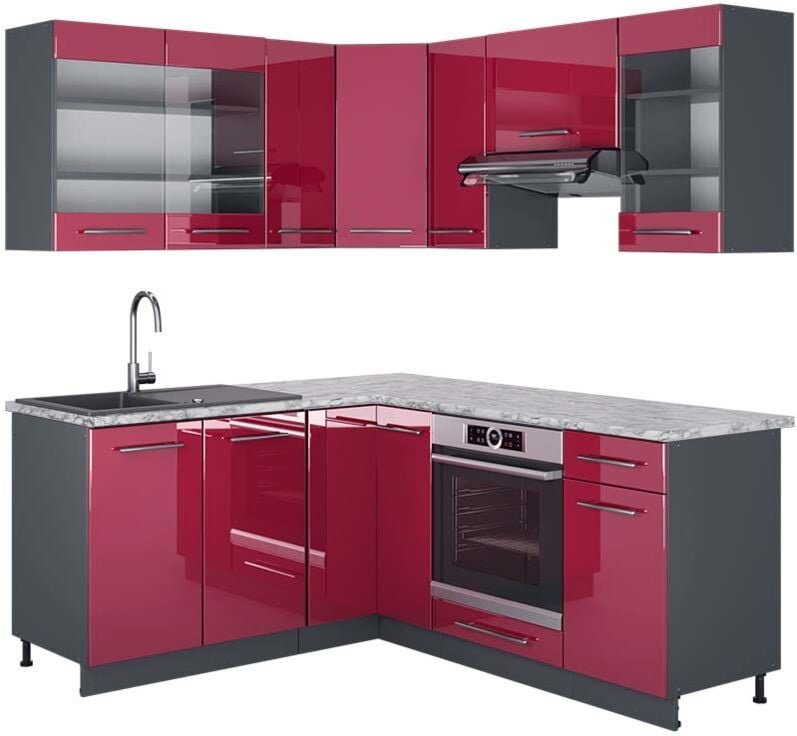 Vicco - Eckküche Fame-Line, Bordeaux Hochglanz/Anthrazit, 160 x 190 cm , ap Marmor