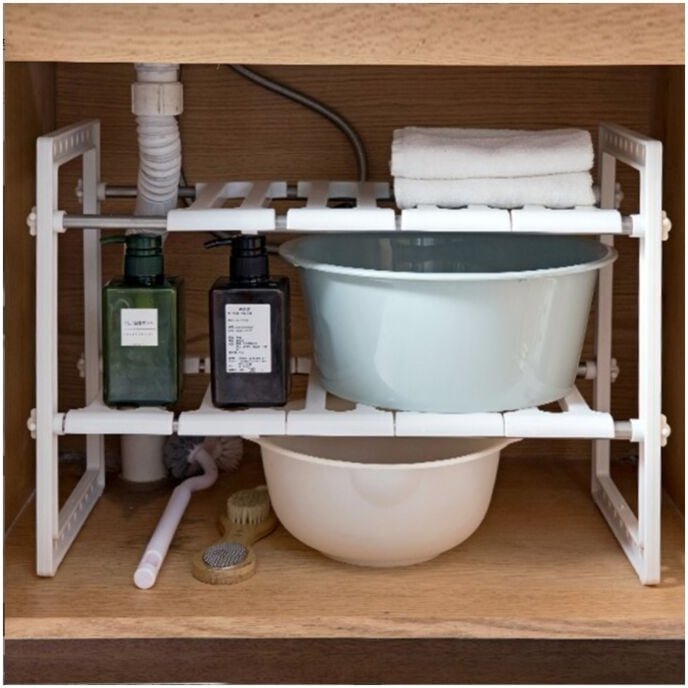 Küchenregale, flexible Küchenspülenregale, 2-stöckiges Regal, höhenverstellbar für Unterschrank – Weiß