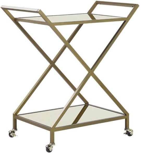Servierwagen Gold 84 x 78 x 44 cm mit 2 Griffen aus Eisen und 2 Böden aus Spiegelglas Mobil Funktional Wohnzimmer Küche