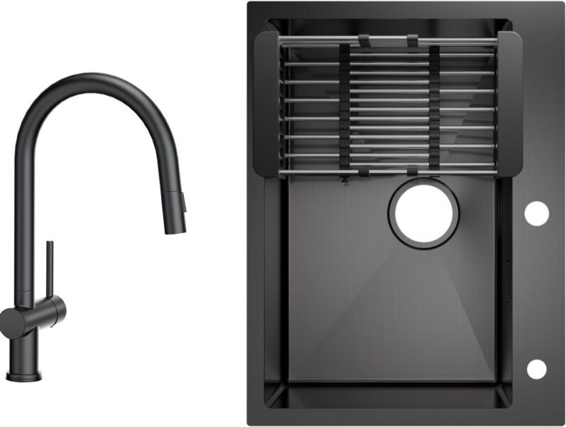 Cecipa Max - Küchenspüle aus Edelstahl 60x45cm Aufsatzwaschbecken Anthrazitschwarz + Ausziehbarer Küchenarmatur Schwarz ...