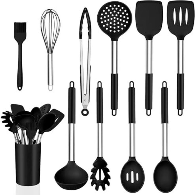 Küchenhelfer Set, 15 Stück Silikon Küchenutensilien Kochbesteck Set mit Edelstahlgriff, Antihaft Kochutensilien Set für ...