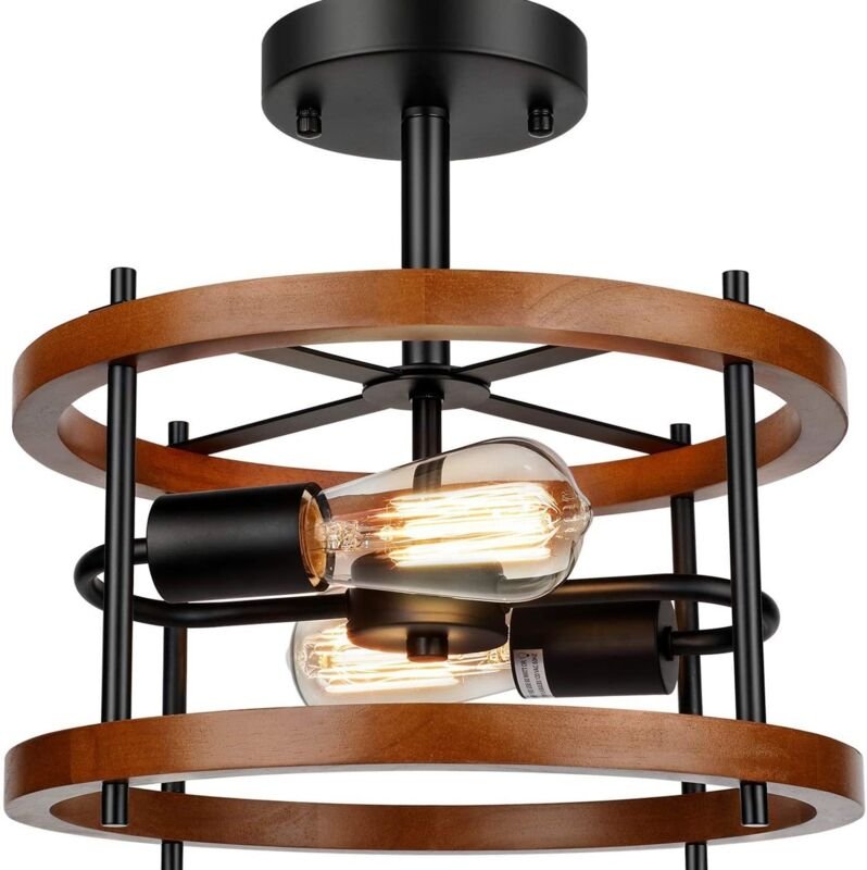 Halbeinbau-Deckenleuchte im Retro-Stil, Landhausstil, zweiflammig, Kirschholzfarbe, 220 V, Leuchtmittel nicht enthalten