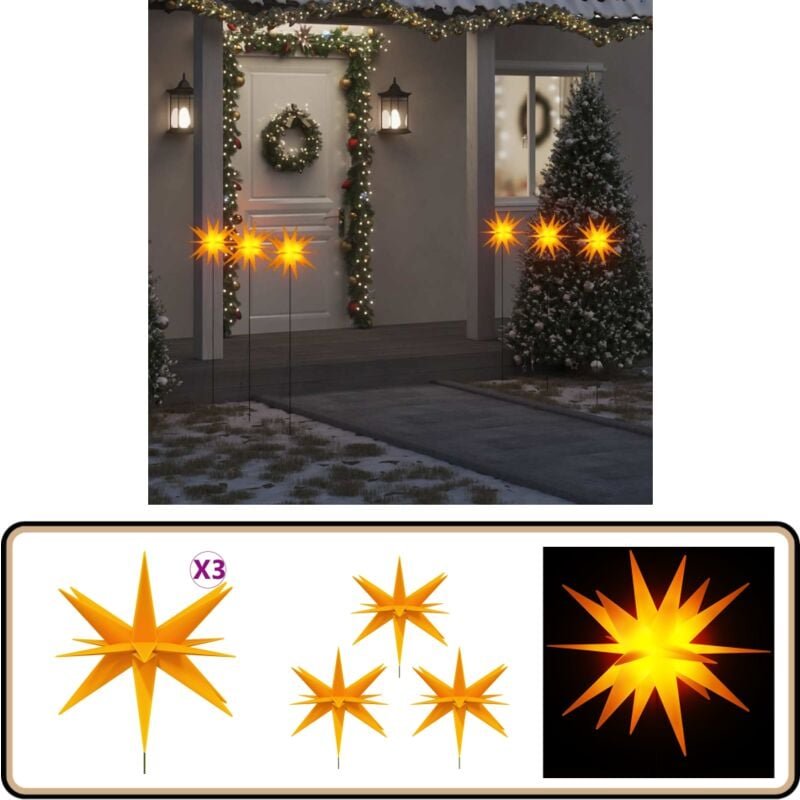 LED-Weihnachtssterne 3 Stk. mit Erdspießen Faltbar Gelb 35 cm - led Beleuchtung - Weihnachtsdeko - Outdoor Deko - Indoor...