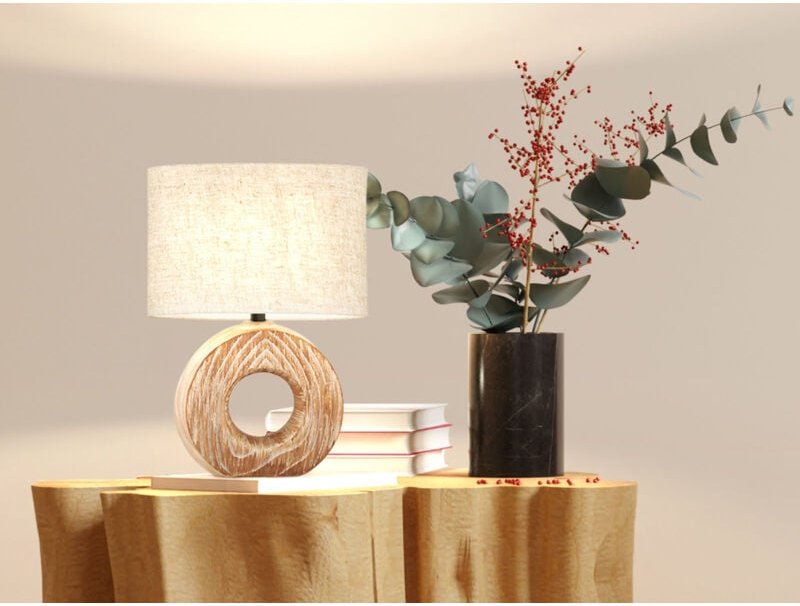 Meinewunschleuchte - led Tischlampe mit Keramikfuß Holzoptik & Leinenschirm Beige, Höhe 31cm