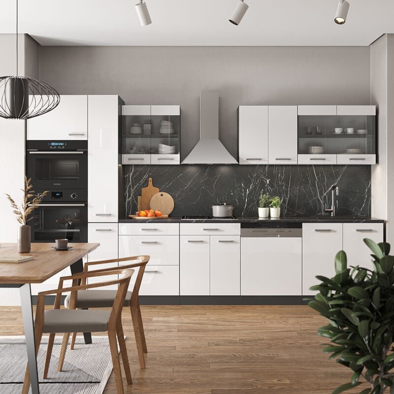 Vicco - Küche R-Line, Weiß Hochglanz/Anthrazit, 350 cm mit Hochschrank, ohne Arbeitsplatte