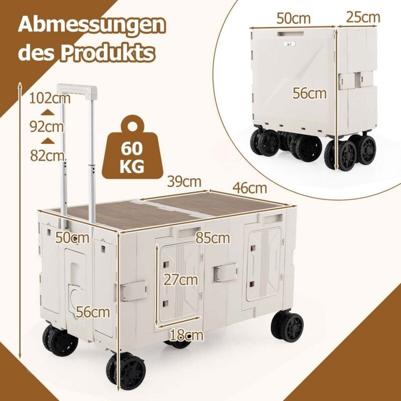 Faltbarer bollerwagen mit tischplatte 2 aufbewahrungsboxen verstellbarem griff