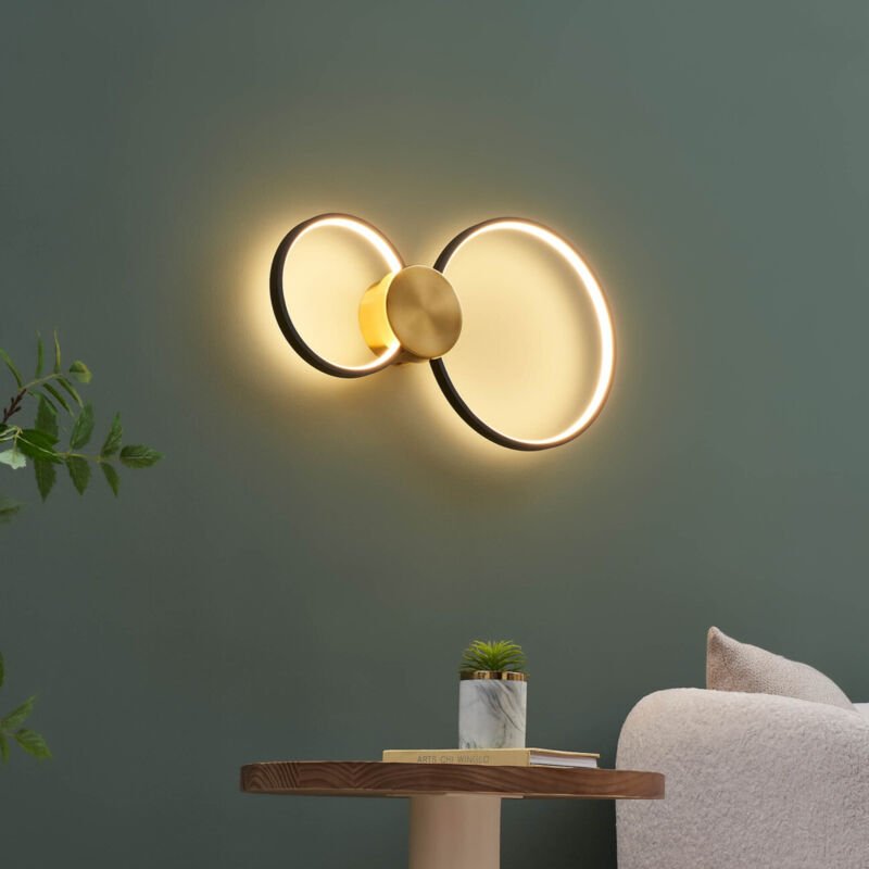 Thumbnail - Runde Wand- oder Deckenleuchte mit doppeltem LED-Kreis schwarz und Messing - Alisa