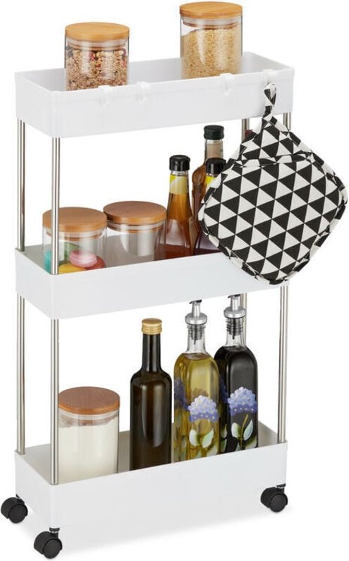 Nischenwagen, Kunststoff, HBT: 70 x 15,5 x 40,5 cm, schmales Nischenregal Bad & Küche, 4 Haken, 3 Fächer, weiß