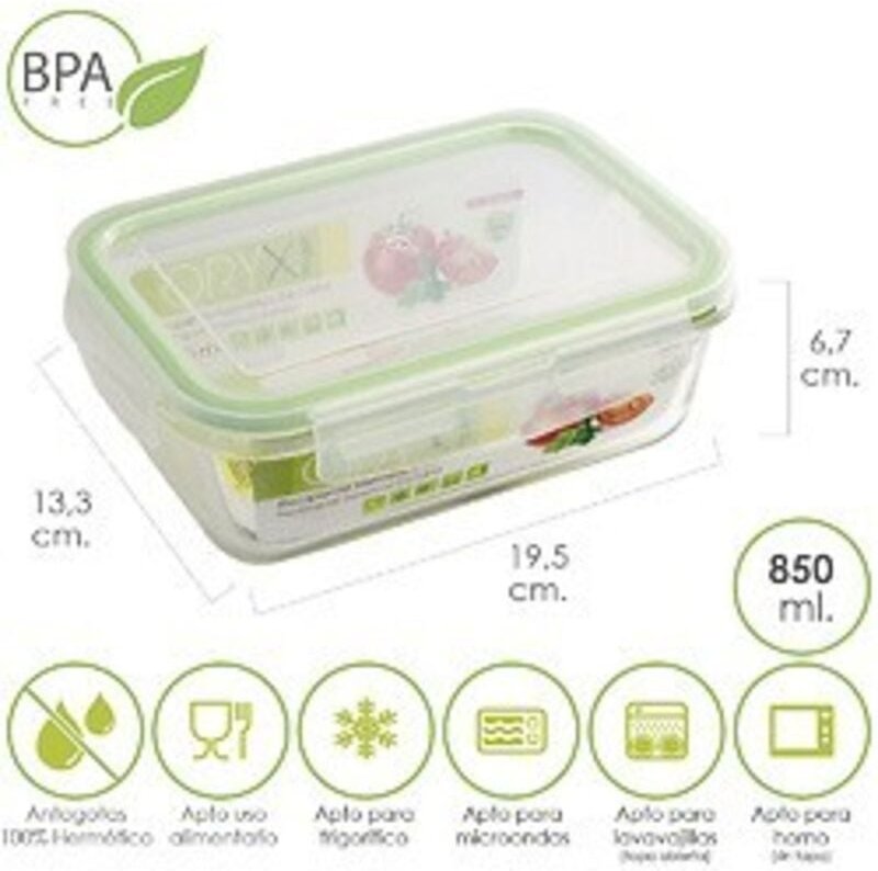 Recipiente Hermetico Cristal Rectangular 850 ml. 19.5x13.3x6.7 (alt) cm.