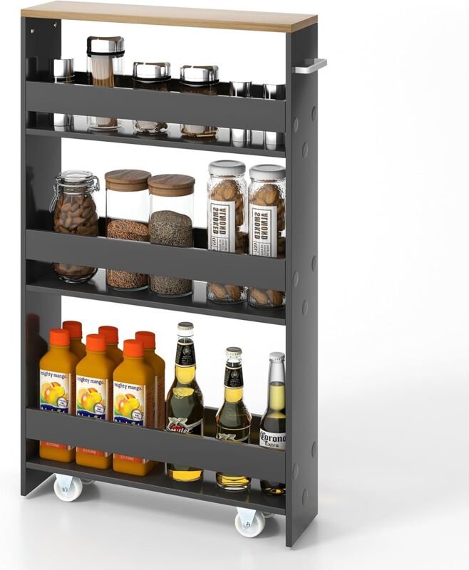 4 Ebenen Nischenregal auf Rollen, Küchenwagen schmal, Badregal mit seitlichem Griff, aus Holz, 48 x 13 x 81 cm (Grau + N...