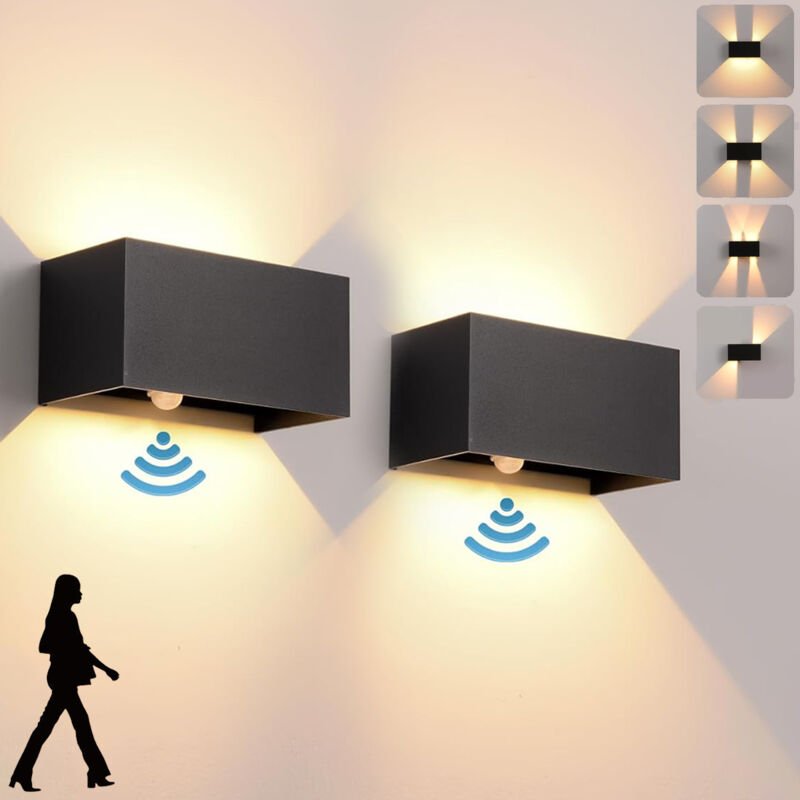 Set mit 2 Wandleuchten mit Bewegungsmelder, 24-W-LED-Wandleuchten für den Innen- und Außenbereich, warmweißes Licht (300...