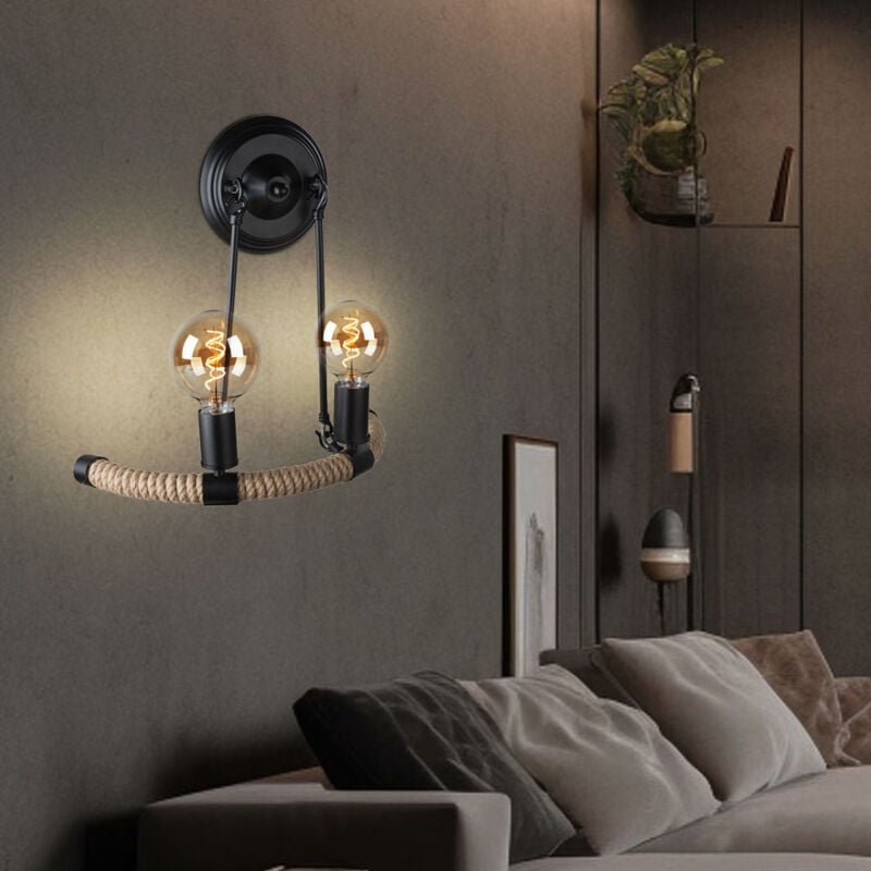 Thumbnail - Wandleuchte Hanfseil Retro Wohnzimmerlampe 2 Flammig Wandlampe schwarz, 2x E27 Fassungen, BxHxT 40x35x20 cm