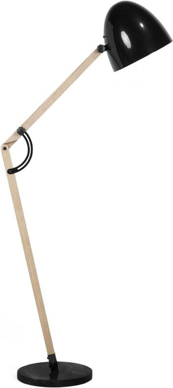 Stehlampe Schwarz Metall 175 cm Arm und Schirm verstallbar Holzgestell Marmorfuß langes Kabel mit Schalter Industrie Des...