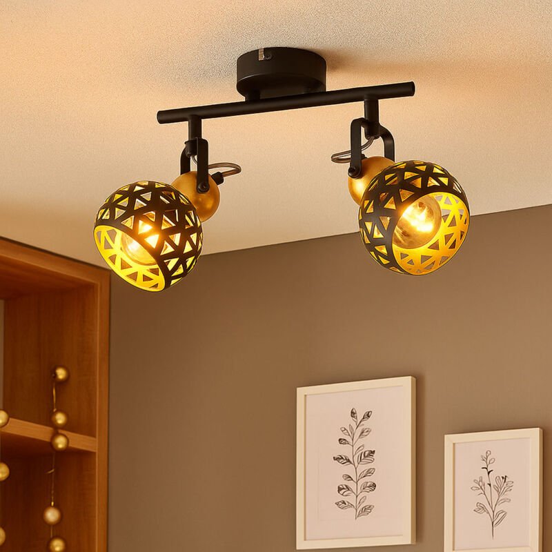 Deckenleuchte Metall schwarz gold Deckenstrahler 2 flammig Deckenlampe mit schwenkbaren Spots, Metall, Muster, 2x E14 Fa...