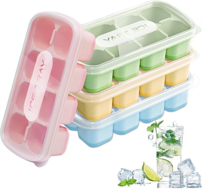 Silikon-Eiswürfelformen, 4er-Set mit Deckeln, stapelbar, spülmaschinenfest, für Cocktails, Whisky, Wein, Früchte, Pürees...
