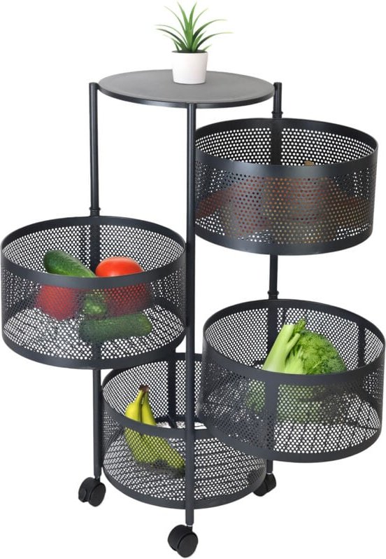 Relaxdays Küchenwagen, 4 drehbare Fächer, HxD: 75 x 34 cm, Metall, 2 Bremsen, Rollwagen Küche & Bad, Rollregal, schwarz