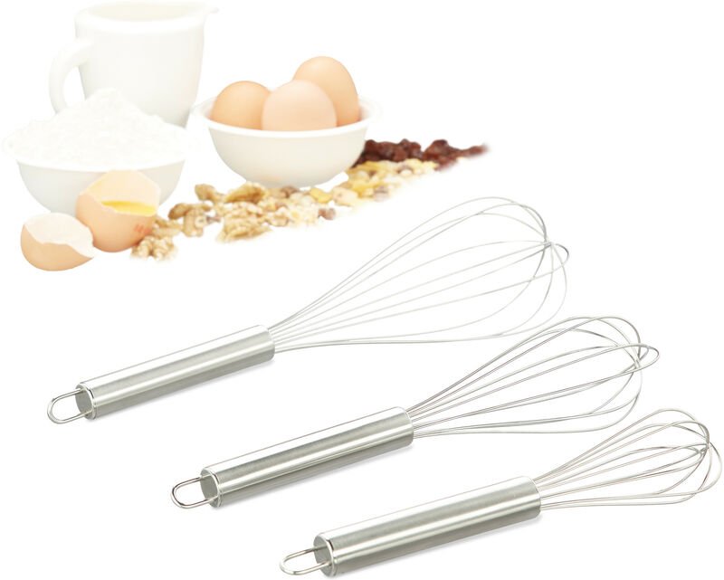 Relaxdays Schneebesen 3 er Set, professionelle Ballonschneebesen, Handschneebesen Edelstahl, 8 Zoll, 10 Zoll, 12 Zoll