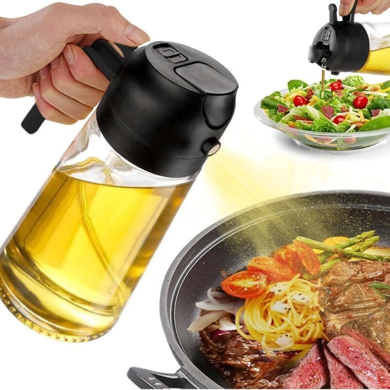 450 ml Ölsprüher und -spender 2 in 1, Olivenölspender-Ausgießer für Küche, Heißluftfritteuse, Salat, Grillen (schwarz)