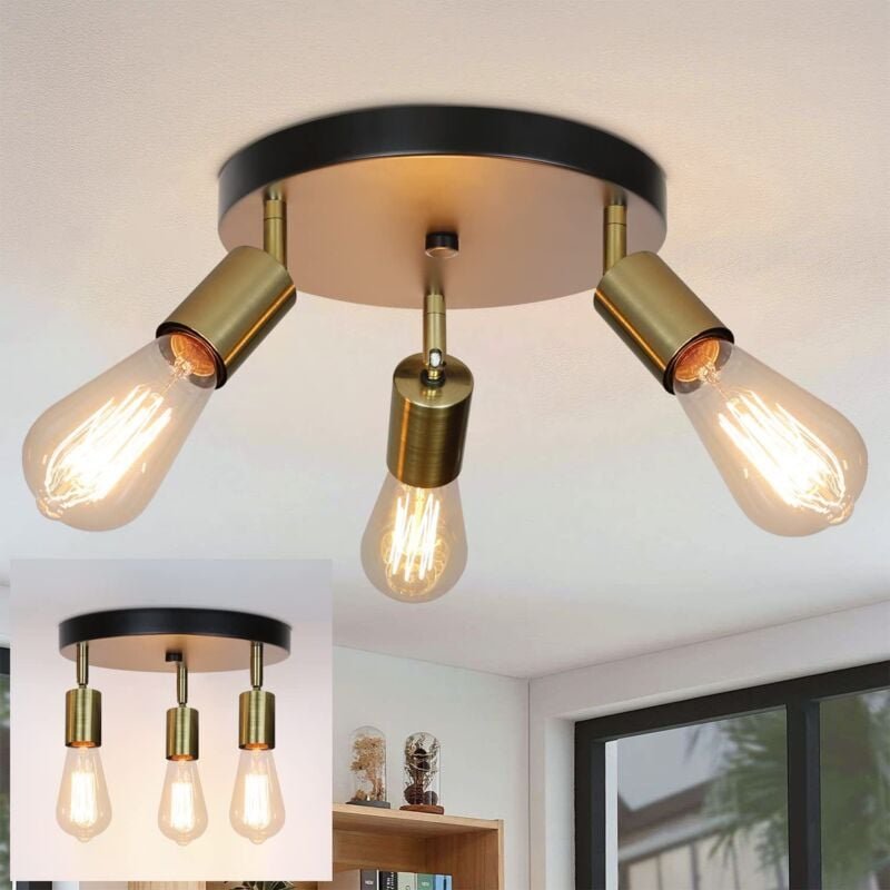 Gbly - Deckenlampe Vintage 3 Flammig Deckenstrahler - Rund Deckenleuchte Modern Schlafzimmerlampe Schwarzgold E27 Kronle...