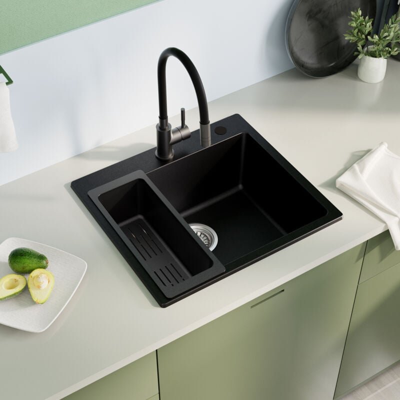 Granitspüle 50 × 45 cm, Granit-Küchenspüle mit Abtropfkorb, Aufsatzspüle, inkl. Siphon, Stöpsel und Überlauf