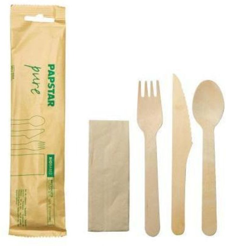 Besteckgarnitur pure Einweg je 1 x Serviette Messer Gabel Löffel Holz braun