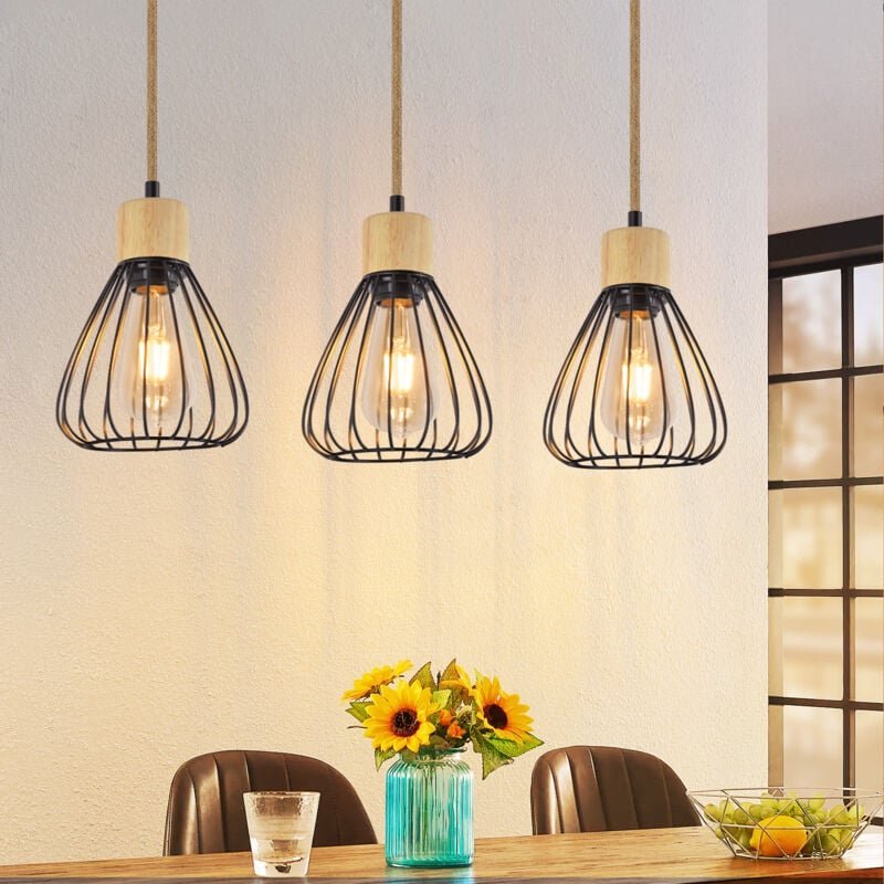 Thumbnail - Hängelampe Vintage Pendelleuchte Esstisch - Esstischlampe Schwarz Esszimmer 3 Flammig Hängeleuchte Metall Retro Hanfseil...