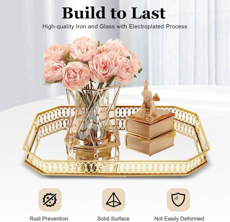 Thumbnail - Spiegeltablett Gold 35x25cm, Dekoratives Tablett aus Metall & Glas mit Hochrand, Serviertablett für Deko, Wohnzimmer, Ba...