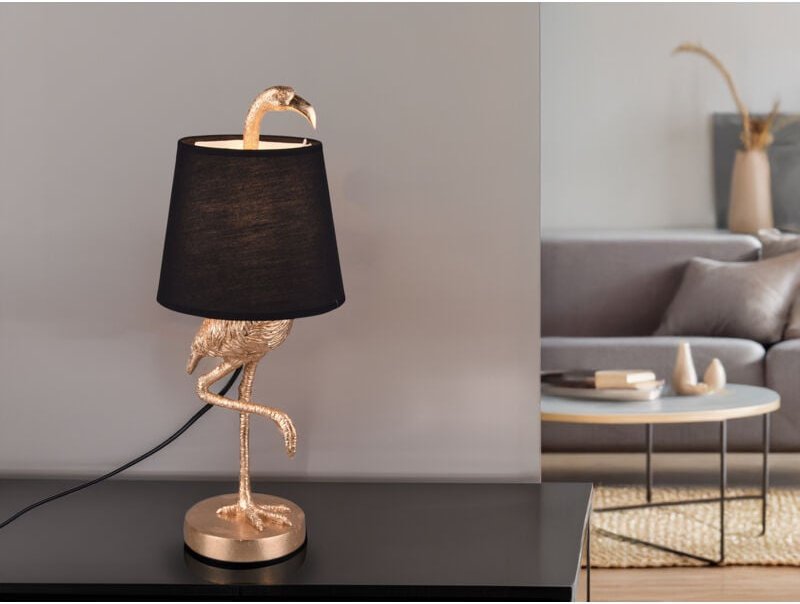 Meinewunschleuchte - Retro led Tischleuchte Flamingo Gold mit Stoffschirm in Schwarz, Höhe 42cm