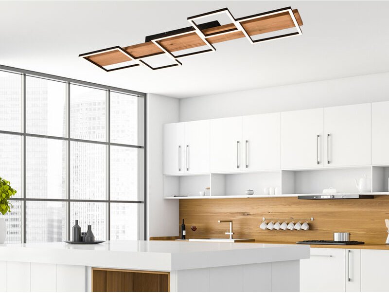 Trio Leuchten - Flache led Deckenleuchte harper dimmbar Holzbrett naturbelassen, Breite 115cm