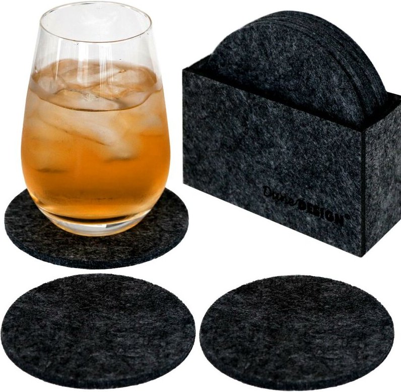 Dunedesign - 8 Edle Filz-Untersetzer ø 10cm Runde Filz-Bierdeckel Gläser Getränke Glas-Untersetzer Set Filz-Box Anthrazi...