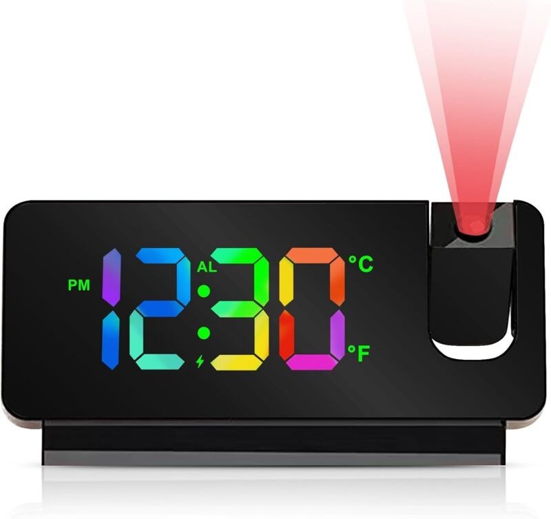 Deckenprojektor-Wecker, 180°-Digitalprojektor-Wecker, LED-Digitaluhr mit Schlummerfunktion, Temperatur, 12/24-Stunden-Fo...