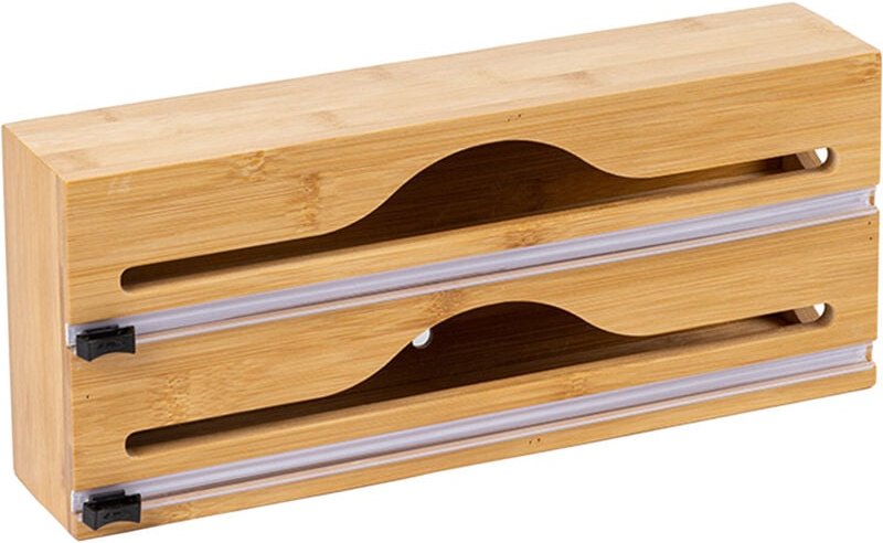 Relaxdays Folienspender, 2 Rollen, Schublade, Bambus, HxBxT: 14 x 33 x 7 cm, Folienschneider Küche, Folienhalter, natur
