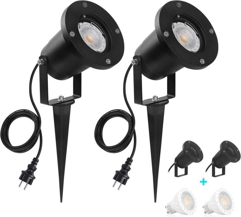 DOLASO 2er-Pack LED-Gartenlampe, GU10-Gartenstrahler, Gartenbeleuchtung mit Stab, LED-Außenstrahler, Rasenlicht, 7 W, 80...