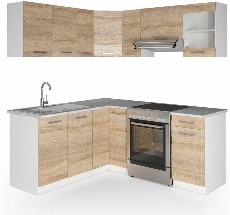 Eckküche Rick, Weiß/Sonoma, 187 x 167 cm , AP Marmor, Vicco