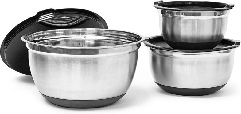 Schüssel Set bowly mit Deckel, HxBxT: ca. 14,5 x 25,5 x 25,5 cm, 3er Set, stapelbar, Edelstahl, silber-schwarz - Relaxda...